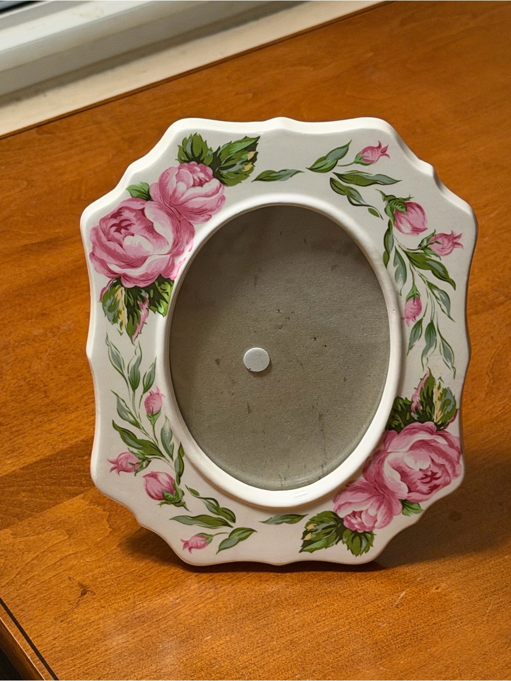 White Floral Oval Photo Frame with Pink Rose Design ceramic